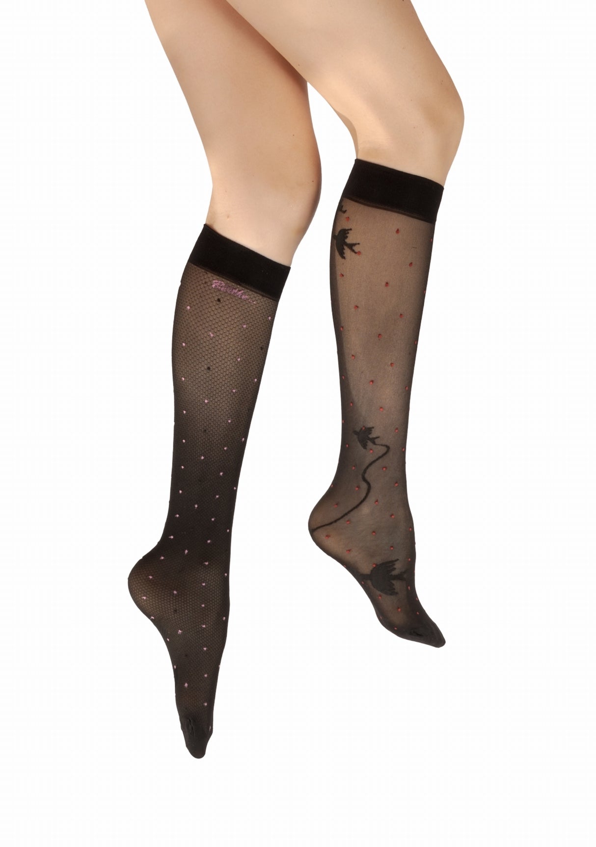 Mi-bas fins 30 deniers femme Berthe Aux Grands Pieds asymétriques résille et oiseaux noir NOIR/ROUGE/ROSE/NOIR