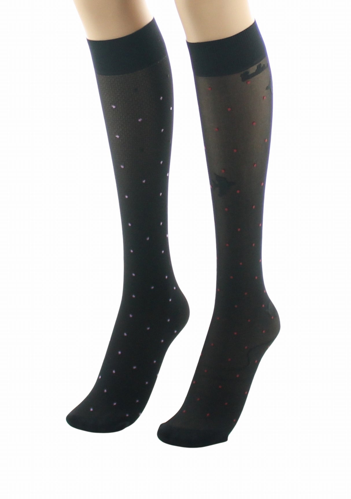 Mi-bas fins 30 deniers femme Berthe Aux Grands Pieds asymétriques résille et oiseaux noir NOIR/ROUGE/ROSE/NOIR