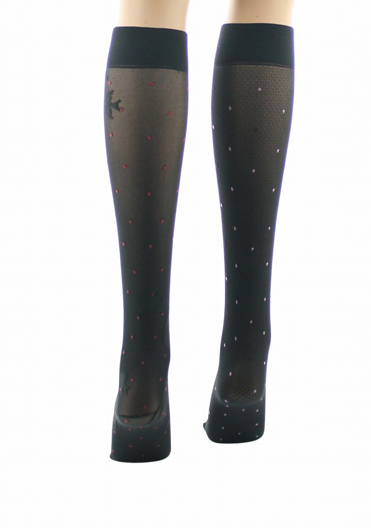 Mi-bas fins 30 deniers femme Berthe Aux Grands Pieds asymétriques résille et oiseaux noir NOIR/ROUGE/ROSE/NOIR