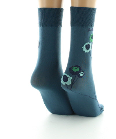 Mi-chaussettes 40D pétrole Fleurs vertes et bleues PETROLE