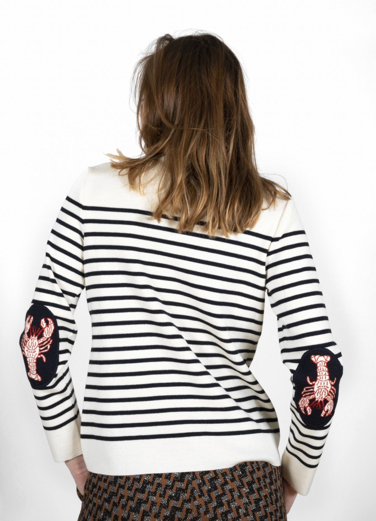 Pull Col V Femme Homard écru rayé marine ECRU/MARINE