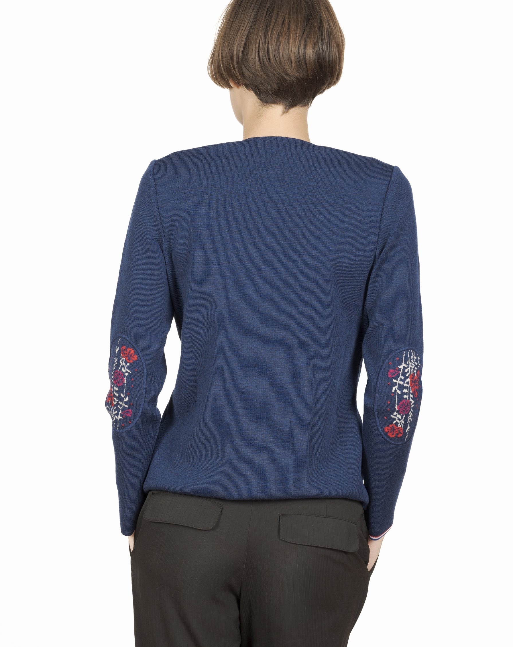 Pull col V femme mérinos bleu royal fleurs d'automne BLEU ROYAL