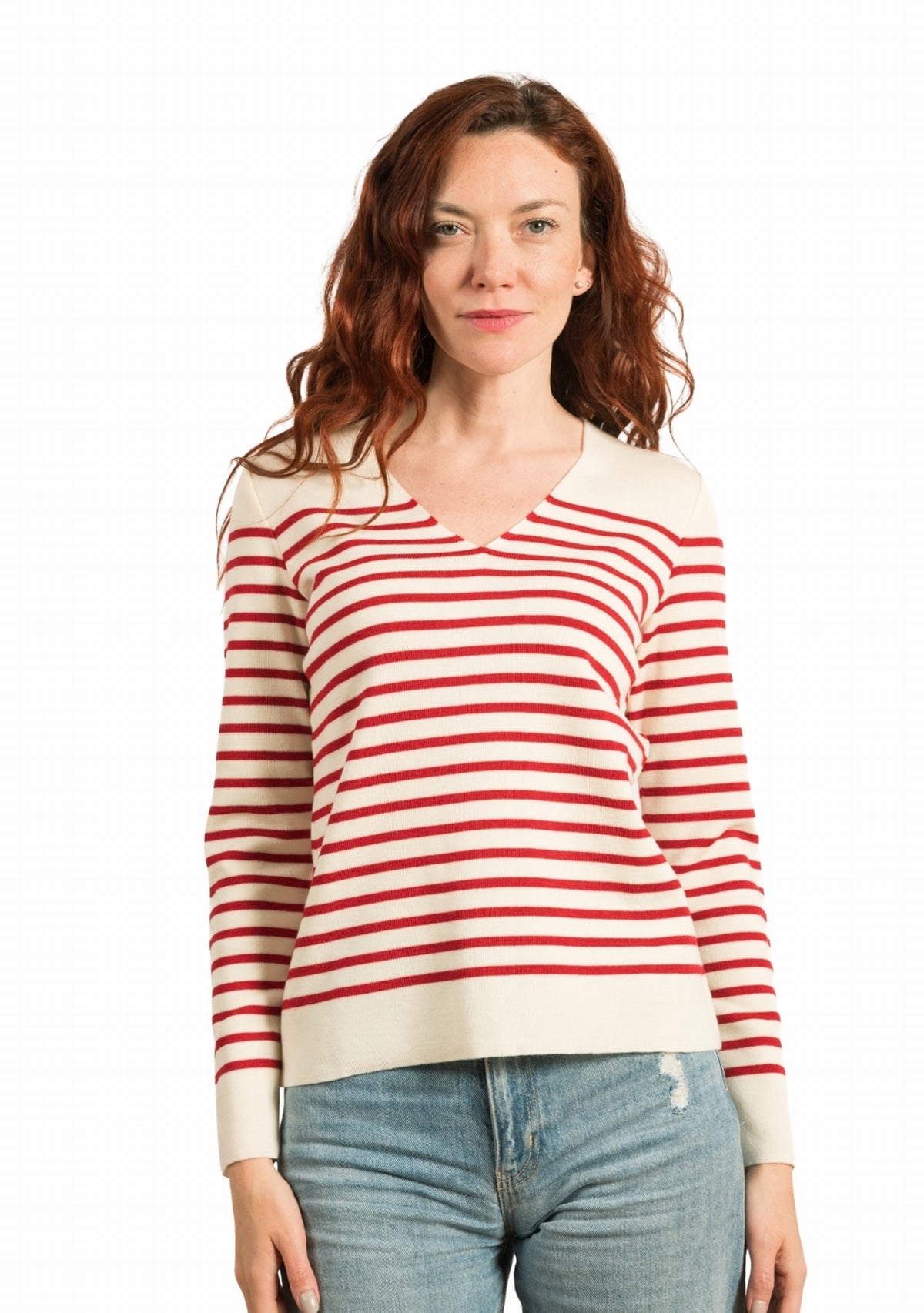 Pull col V femme rayé ivoire/rouge à coudières Homard IVOIRE/ROUGE