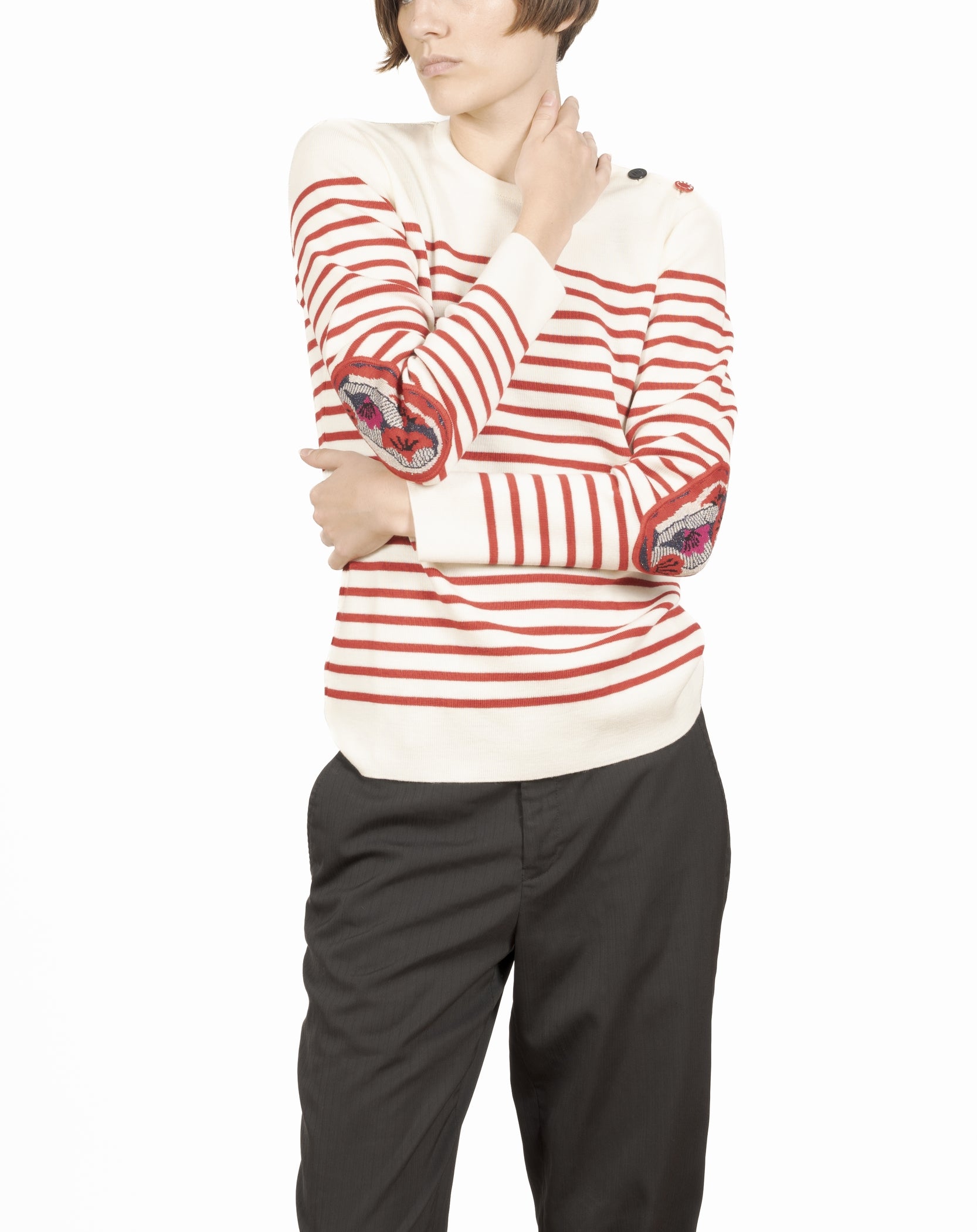 Pull marin femme Col rond laine mérinos Rayé rouge coquelicot