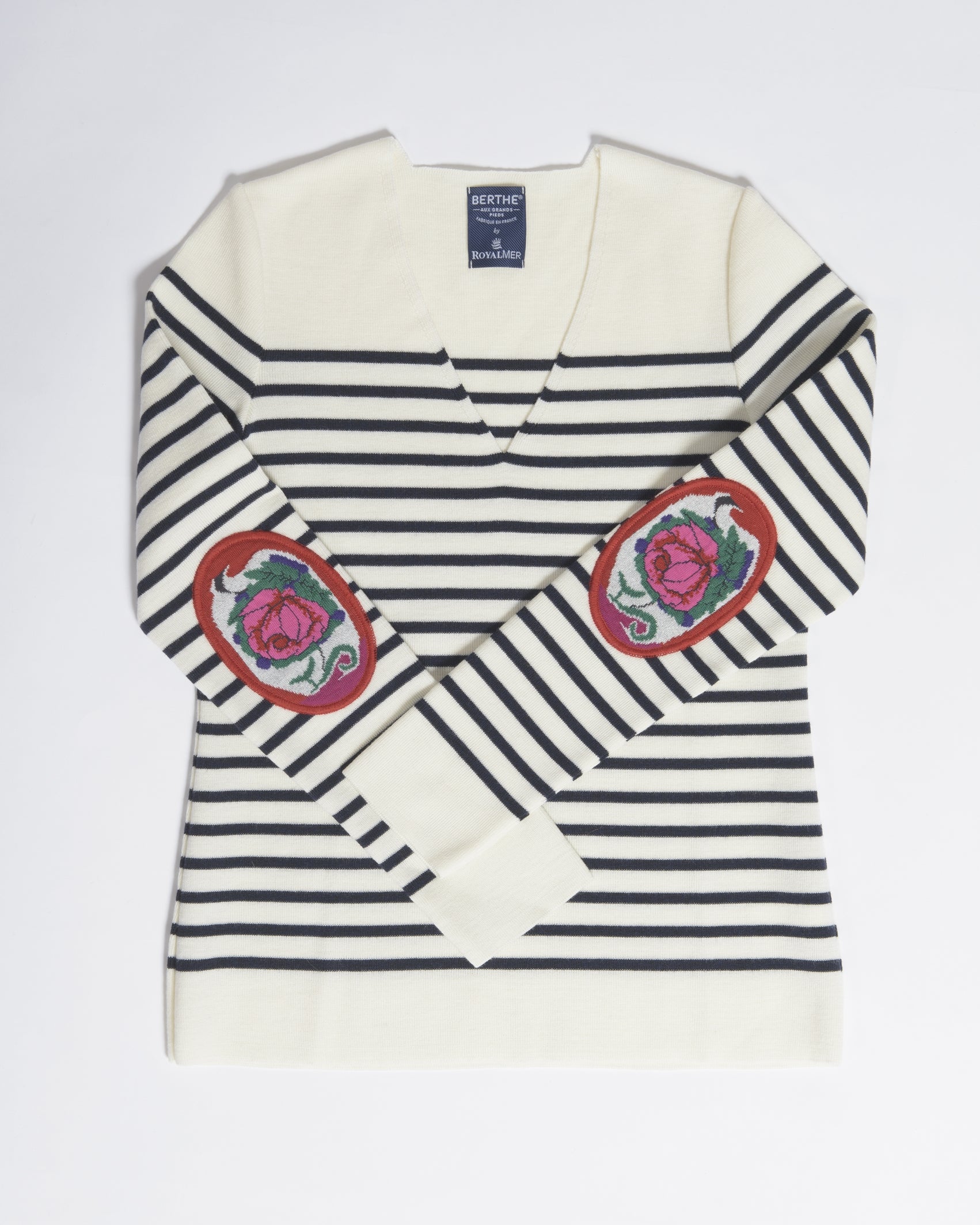 Pull marin Femme Rayé Roses col V MARINE-ECRU