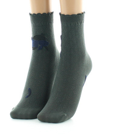 Socquettes femme 40D poissons kaki, noir et bleu marine KAKI