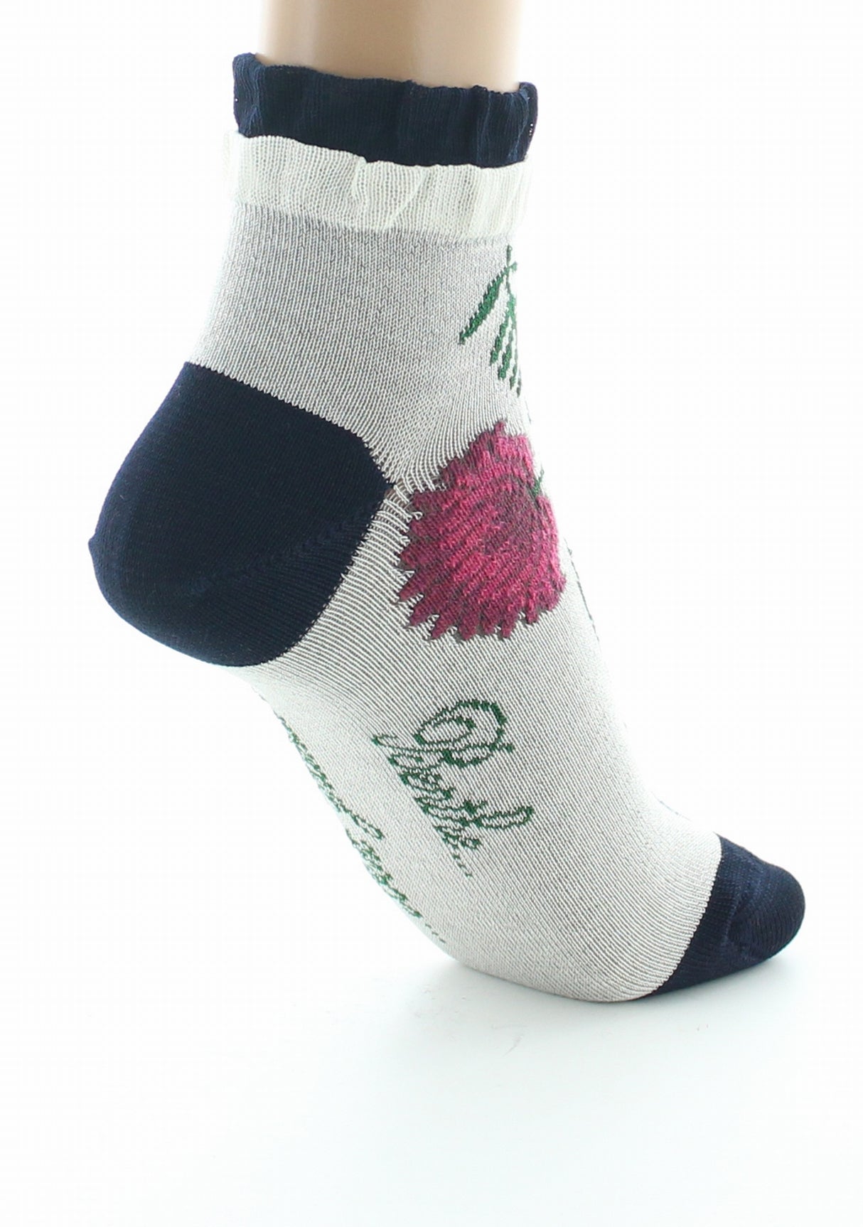 Socquettes femme fil d'Ecosse Fleurs et Feuilles IVOIRE